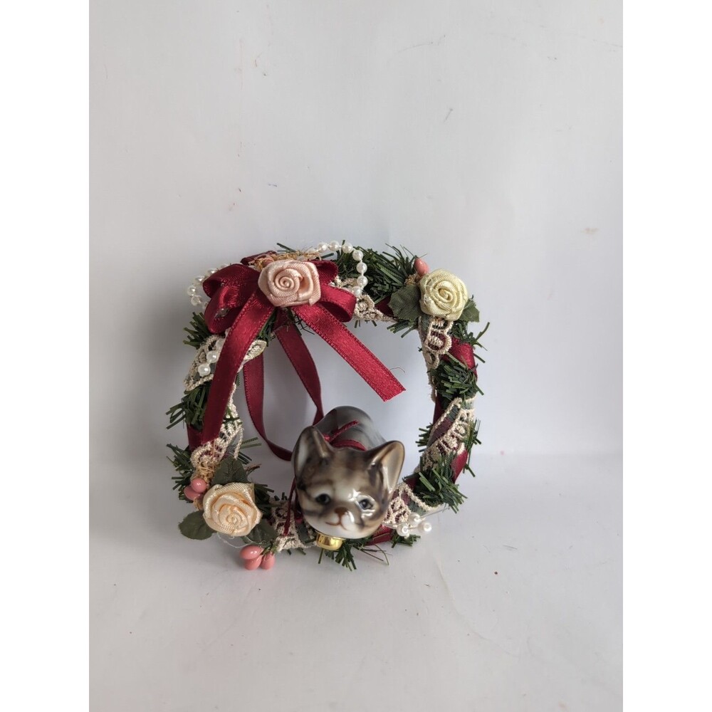 Vtg Kurt S Adler Ceramic Cat Wreath Christmas Ornament 1989
